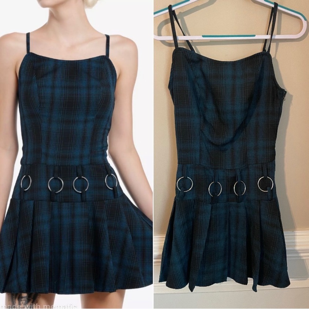 Social Collision‎ Blue Black Plaid Metal Hardware Pleated Mini Dress Size S Emo